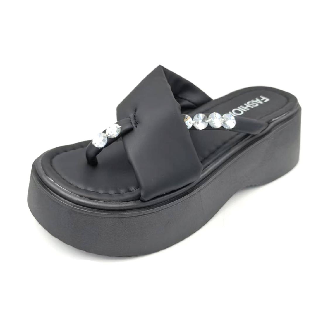 FIFILAPIN Women'S Rhinestone Chunky Platform Clip-Toe Beach Slippers Fashionable Round Toe Soft Bottom Non-Slip One-Step Outdoor Party Dating Sandals (black,6) (Black)