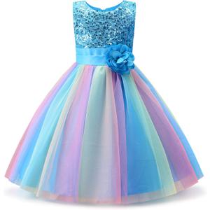 Uhnice Little Girl's Sequin Sleeveless Mesh Rainbow Dress for Wedding Party (6- Years, Blue)
