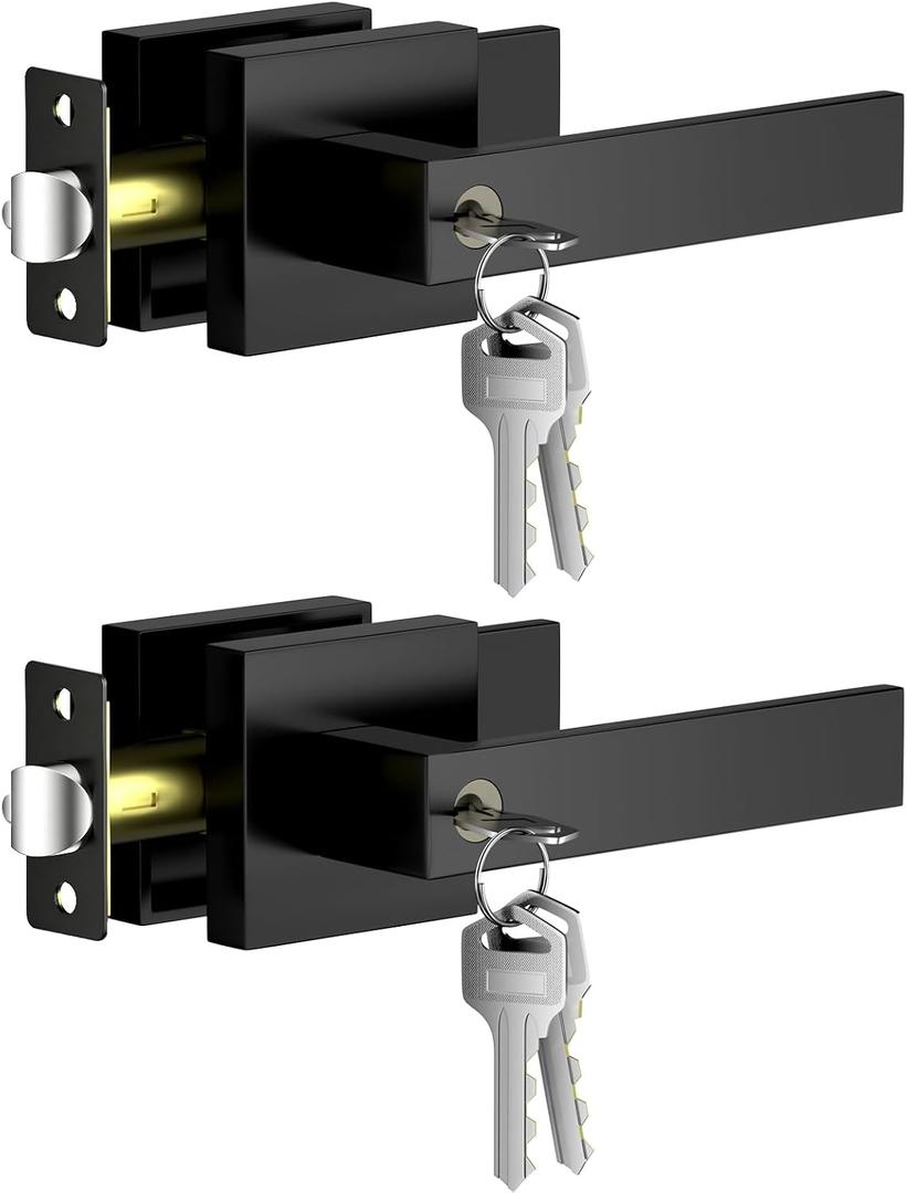 Black Door Handle, Door Knob with Lock, 2 Pack Door Handle Sets for Bedroom