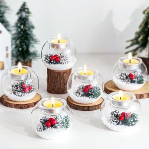 Hewory Christmas Tealight Candle Holders: Glass Tea Light Candle Holder Set of 6, Ball Candl Holders with Red Berry and Pinecone, Christmas Table Decorations for Dinner Holiday Party Fireplace Mantle