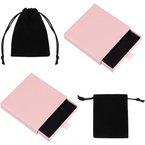 2 Pack Pink Jewelry Gift Boxes with 2pcs Black Velvet Drawstring Bags, 3.54×3.54×0.66 Inch, Drawer Type Jewelry Organizer Box for Women for Necklaces Ring Bracelets Earrings