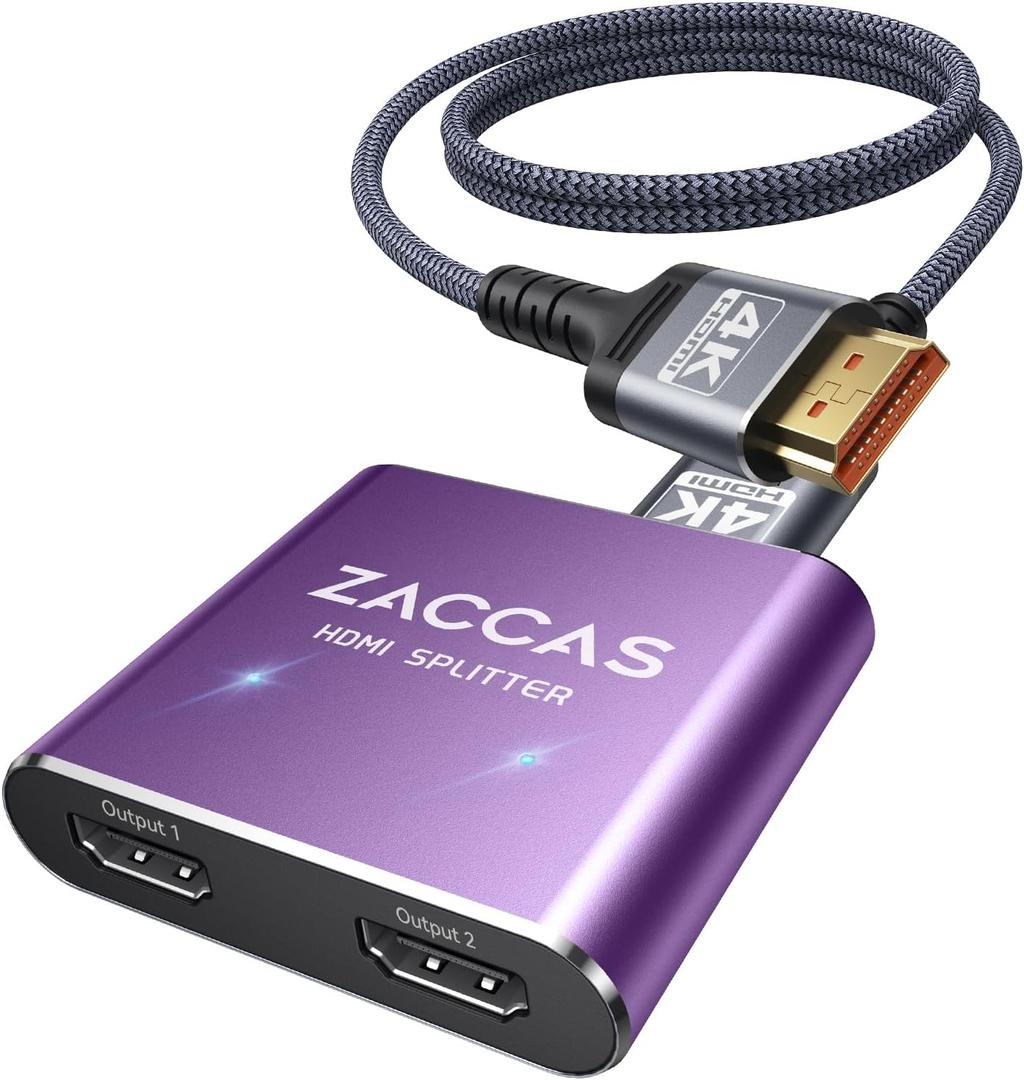 HDMI Splitter 1 in 2 Out, ZACCAS Aluminum 4K HDMI Splitter for Dual Monitors, 1x2 HDMI Display Duplicate/Mirror Screens, Full HD 1080P 3D【with 3.3Ft HDMI Cable】