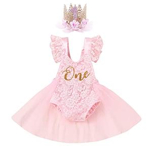 IBTOM CASTLE Baby Girl 1st Birthday Outfit, Boho Sleeveless Lace Tulle Romper Princess Tutu Dress One Year Old Clothes for Cake Smash Photoshoot Baby Shower Pink+Crown 12-18 Months, Size 90