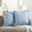 CPC Apatite Blue Ruffle Throw Pillow Covers for Couch, 24x24 Inch Cotton Stripe Ruffle Couch Pillows for Living Room, Hidden 20 Inch Zipper Boho Pillow Case or Cute Outdoor Pillows