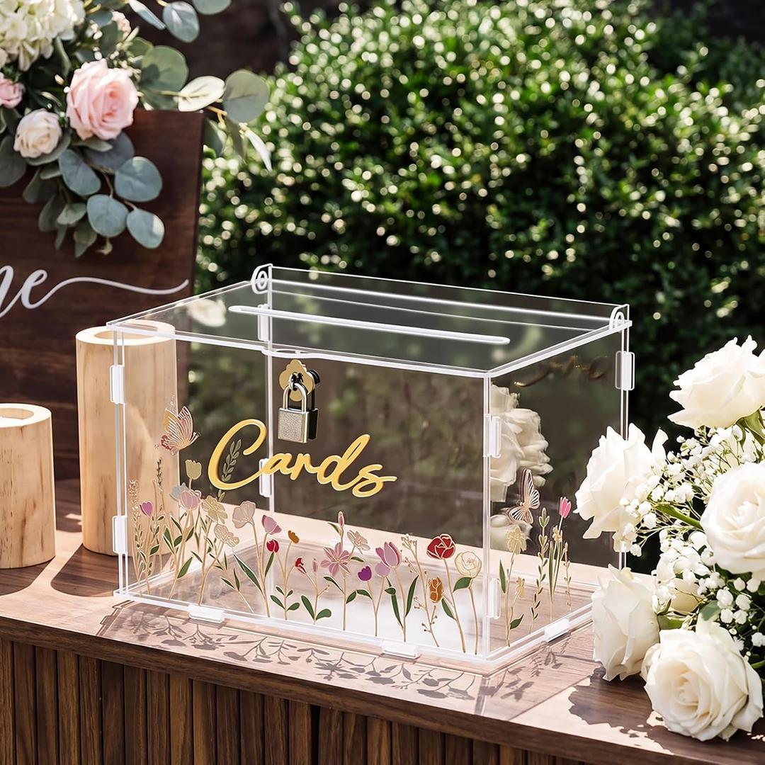 Novabright Clear Acrylic Wedding Card Box with Lock, DIY Decorative Card Box with 3D Wildflower Stickers & Gold Mirror Letters, Transparent Money Gift Holder for Reception Birthday Baby Shower Party