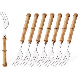 8 PCS Small Fork, 6.3 Inches Stainless Steel Dessert Forks with Bamboo Handle, Kitchen Flatware Cutlery Set, Use for Tasting Cakes Fruits and Appetizer, Mirror Polished