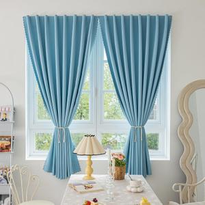Magic Tape Stick on Curtains Blackout Curtains for Bedroom no Drillng Self Adhesive Curtain no Rod Small Window (Sky Blue, 59" W x 79" L) 2 Panels