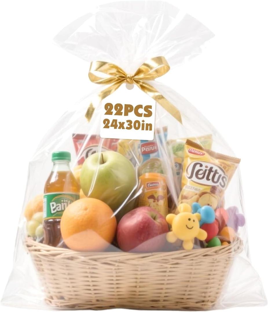 NUITPY 22 Pcs Cellophane Bags, 24 x 30 Inchs Cellophane Wrap for Gift Baskets, Durable Cellophane Gift Bag, Clear Basket Bag - Complimentary 22 Pcs Golden Twist Ties