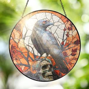 FLAGWIX Halloween Decorations Indoor - Stained Glass Window Hanging 8 in - Gothic Raven Skull Sun Catcher, Crow Halloween Decor, Black Crows Sun Catchers Indoor Window, Fall Decorations for Home (Midnight  Raven Whisper)