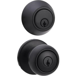 Amazon Basics Exterior Door Knob with Key Lock and Deadbolt, Keyed Alike, Coastal, Matte Black