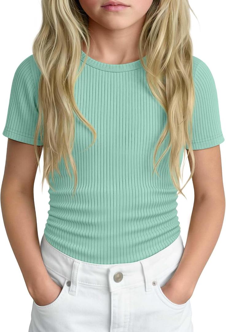 Girls' Shirt Short Sleeve Basic Top Tween Summer Ribbed T-Shirt Teen Cute Fitted Soft Tee for Kids Aged 5-14