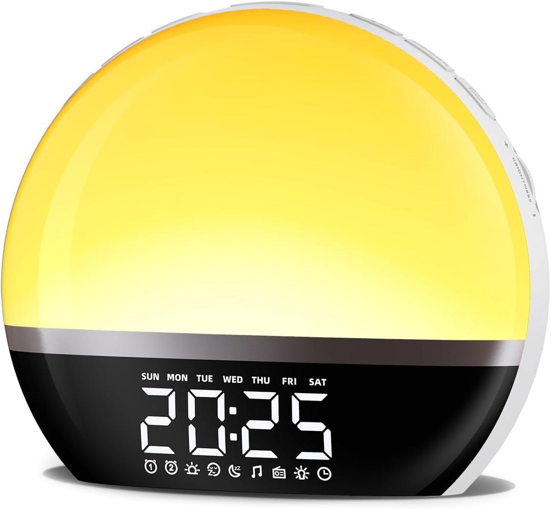 SoundLegend FM Radio Sunrise Alarm Clock Sound Machine Wake-Up Light Sunrise Sunset Simulation Adjustable Volume Brightness Sleep Aid 13 Colors 23 Sounds 28 Tunes Snooze Dual Alarm 4 Timers