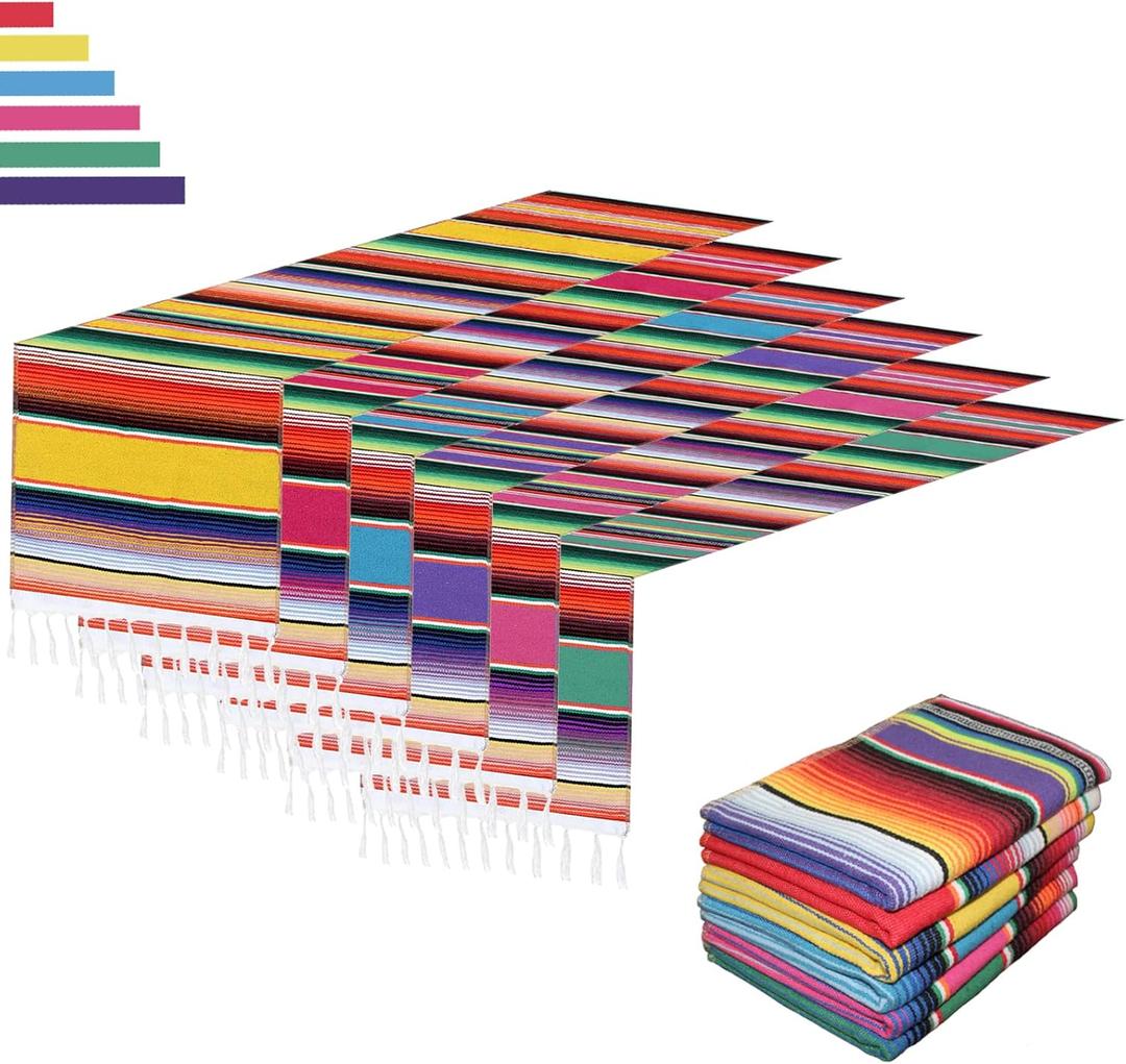 6 Pack Mexican Table Runners 14 x 84 Rainbow Colors Large Boho Mexican Theme Party Decoration for Cinco de Mayo Fiesta Party 6 Serape Table Runner (14 x 84), 14" x 84"-6Pcs
