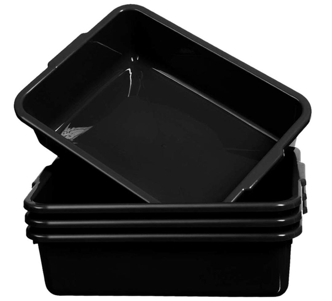4-Pack Commercial Bus Tubs 8 Litre, Black Plastic Bus Box/Tote, Bus Wash Dish Basin Pans