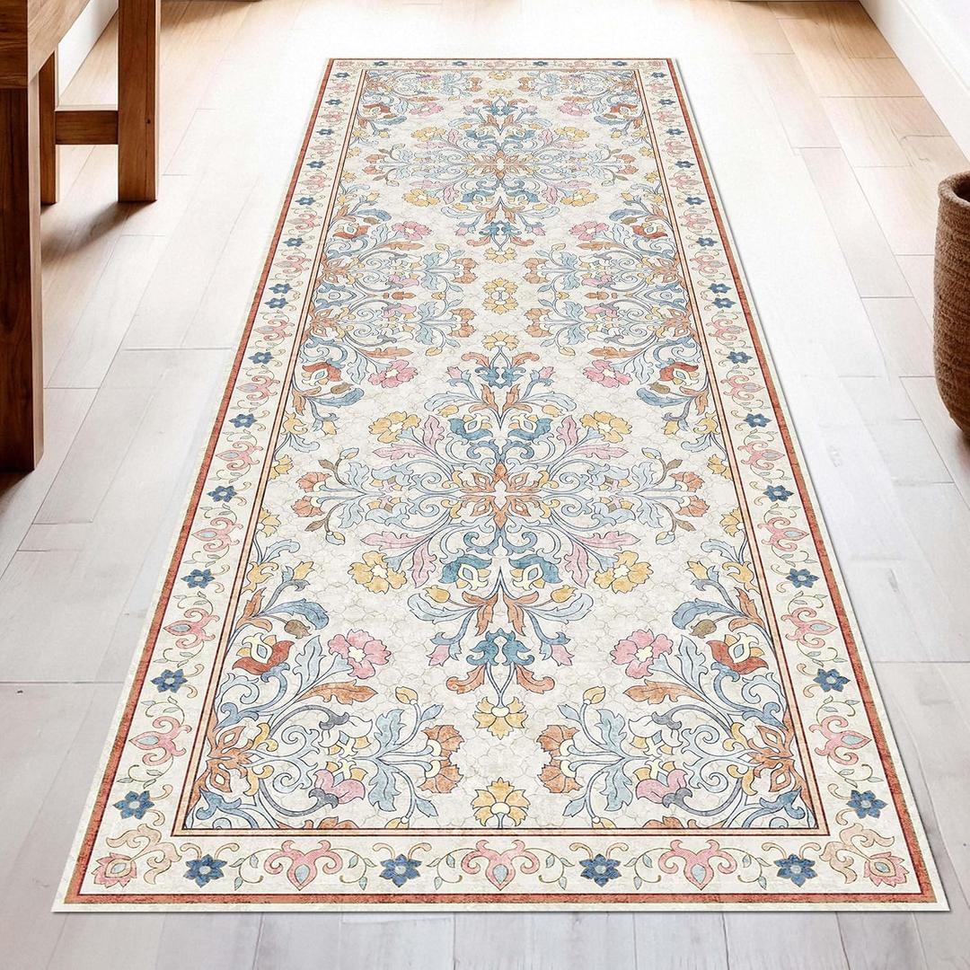 Washable Runner Rug 2.5x8 | Non Slip Rug Runners for Hallways, Entryways, Kitchens, Bathrooms, Bedrooms | Ultra-Soft Flannel Carpet Runners with Rubber Backing (Multi Colored, 2.5x8)