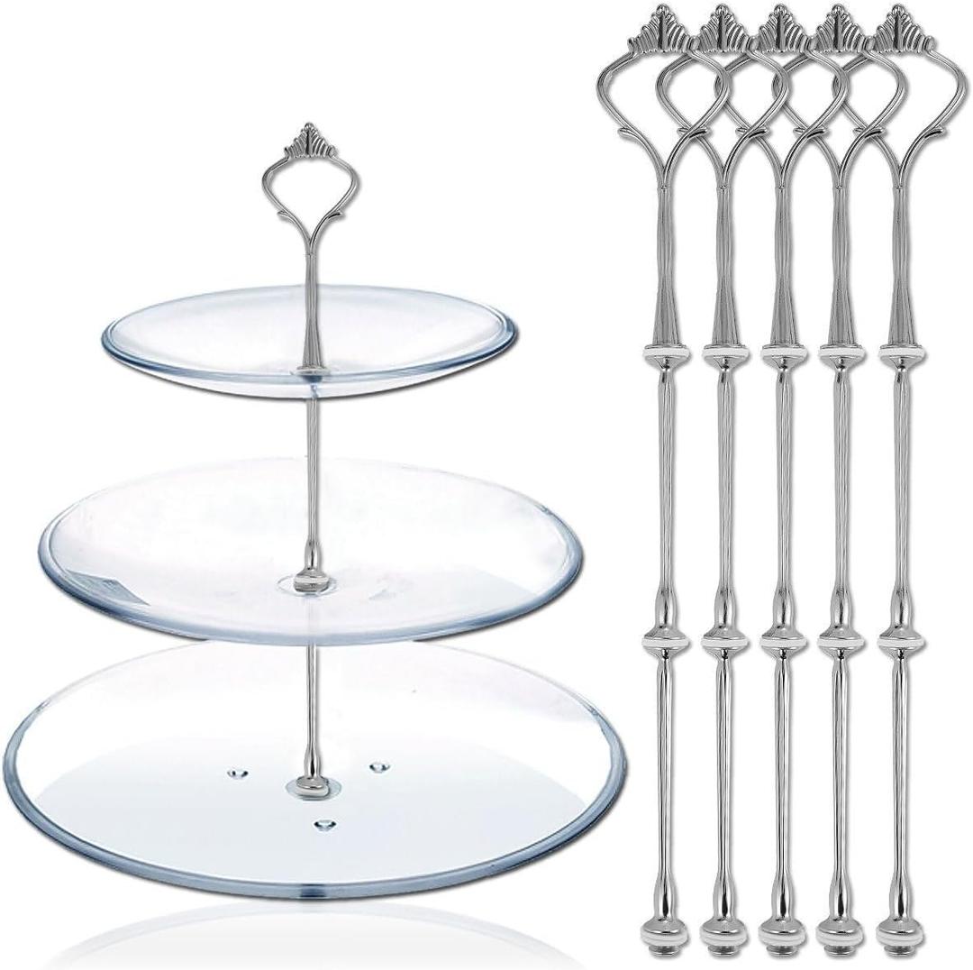 3 Tier Cake Stand Hardware Kits Heavy Duty for Tiered Fruit Cake Plate Stand Stable Handle Fitting Hardware Rod Cupcake Holder Support Silver Crown 5 SetsPlate not Included