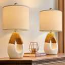 OYEARS 19'' Small Boho Table Lamps for Bedroom Set of 2, Farmhouse Rattan Bedroom Lamps for Living Room Rustic Home Decor, Nightstand Bedside Lamps for Sofa Table Entry Way, Suitable for Small Places (Beige and White)