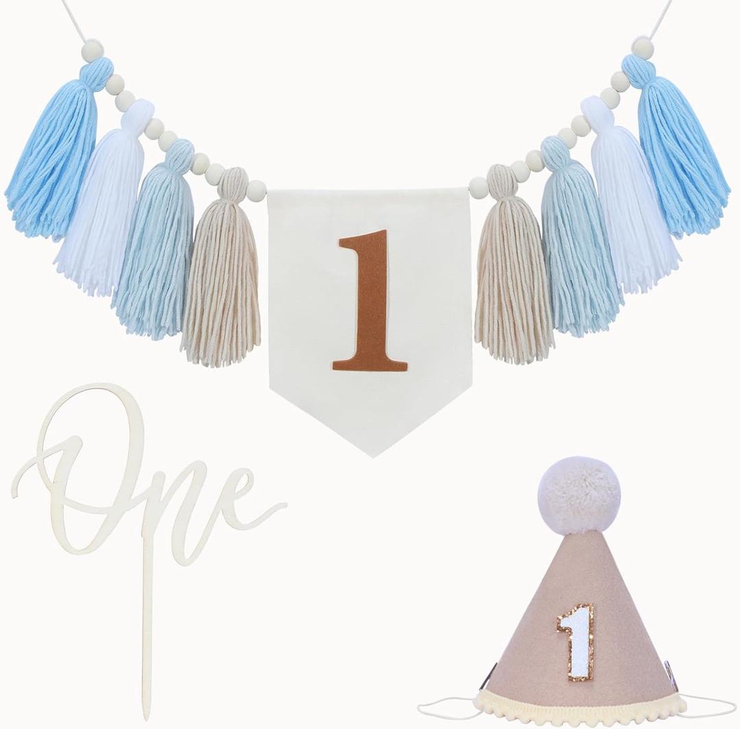 1st Birthday Decorations Boy, High Chair Banner First Birthday Decorations Boho Wood Bead Tassel, Baby 1st Party Hat with One Cake Topper (Brown)