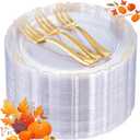 LIYH 200 Pcs Clear Gold Plastic Dessert Plates 7.5"and Cake Forks 5" - Clear Small Cake Plastic Plates and Gold Forks for Parties Wedding Birthday (200Pcs(100 Guests))