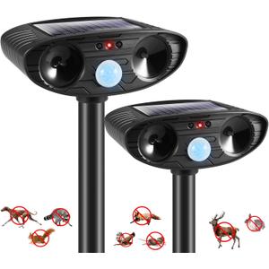 2 Pack 2025 Deer Repellent Device Ultrasonic Animal Repellent Outdoor Solar Animal Repeller with Motion Detection Cat Repellent Outdoor to Scare Raccoon Coyote Squirrel Skunk Rabbit Fox