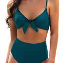Blooming Jelly Womens High Waisted Bikini Set Tie Knot High Rise Two Piece Swimsuits Bathing Suits (Large, Blue Green023)