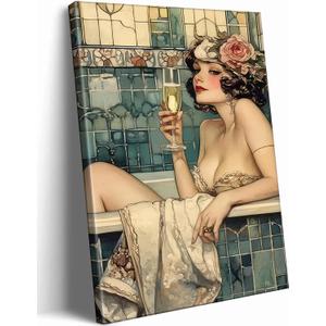 WWN Vintage Bathroom Canvas Wall Art Victorian Funky Woman in Bathtub Picture Wall Decor Trendy Champagne Bar Cart Decor Painting Poster Print for Bathroom Toilet Bar Home Decor,12x16in Wrapped Canvas (12L''x16W'')