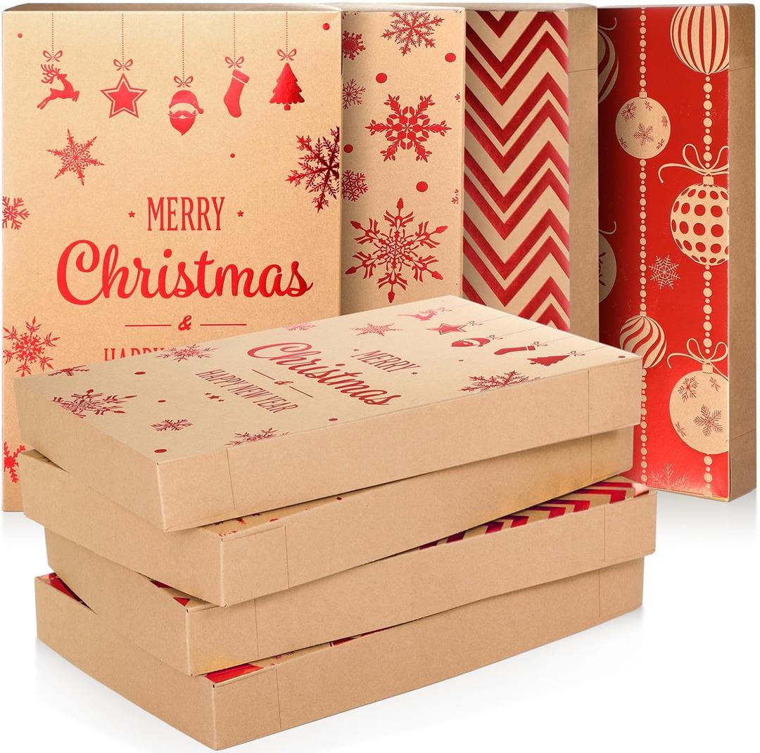 Eaasty 12 Pack Christmas Shirt Boxes Kraft Shirt Box with Lids 4 Designs 14.2 x 9.4 x 2 Inch Large Christmas Boxes Wrapping Gift Box for Holidays, Birthdays, Hanukkah, Father's Day(Red)