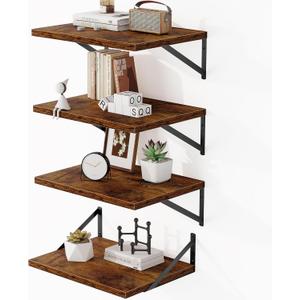Heimlove Deep Floating Shelves for Wall, Wood Wall, Wide Floating Bookshelf for Living Room, Kitchen, Office, Bedroom and Decor Storage, Rustic Brown with Metal Bracket, 16wx12dx5.8h, 4 Shelves