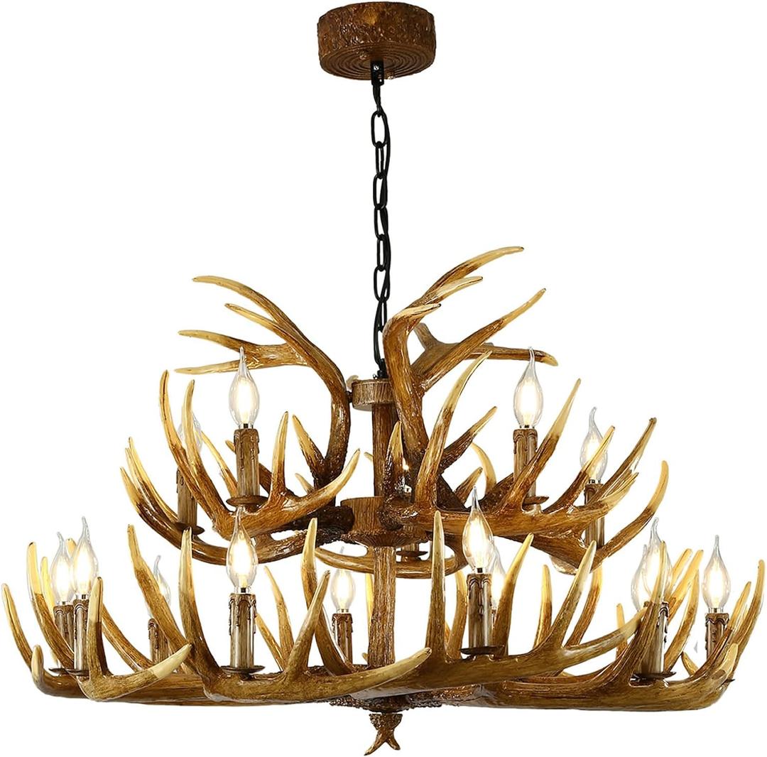 15 Lights Antler Chandelier 10+5 Double Layer Lights Brown Resin Art Deco Antler Ceiling Fixture Rustic Antler Light for Cafe, Living Room, Bar (18 Antlers + 15 Lights)