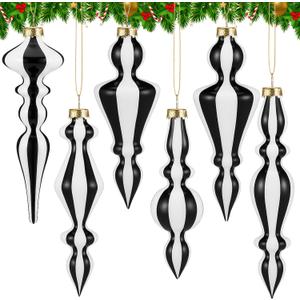 6 Pcs 6.3 Inches Mercury Glass Finial Christmas Ornaments Hanging Christmas Finials Glass Ornaments Assorted Mercury Decor for Vintage Holiday Xmas Tree Decoration(Black and White)