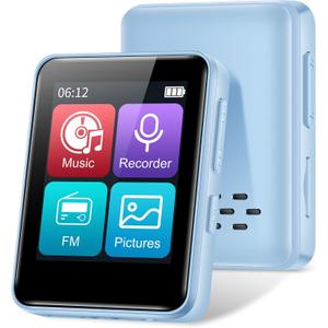 32GB MP3 Player with Bluetooth, 1.8 inch Screen, with FM Radio, Recorder, Portable Sport HiFi Music Player Up to 512GB, Blue