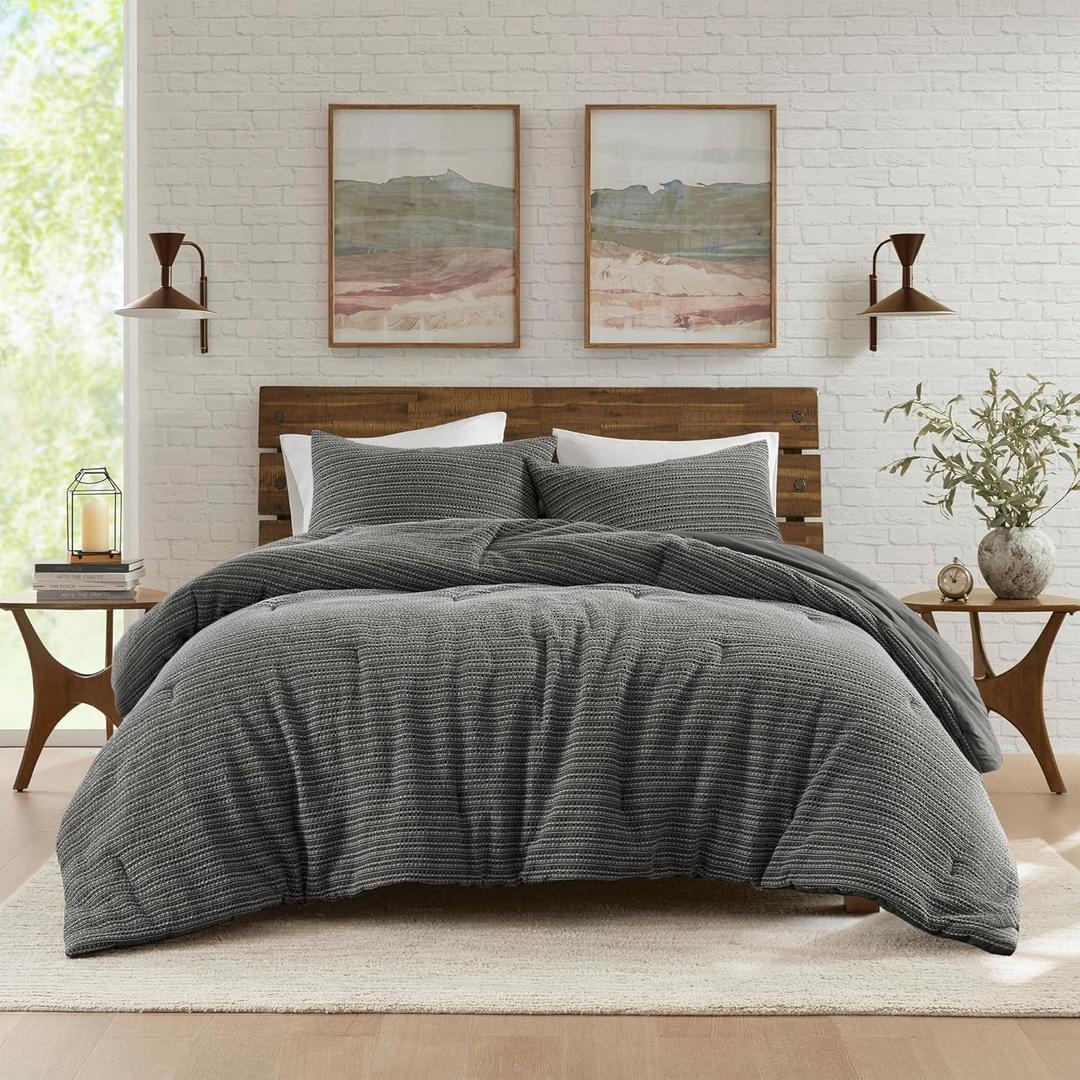 Woolrich King Comforter Set Cotton Waffle Pre-Stone Washed, Oversized Comforter, All Season Down Alternative Overfilled Comforter, Lyon, King/Cal King Charcoal 3 Piece