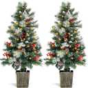 Lunmon 2 Pack 4FT Entrances Christmas Trees for Porch Pre Lit Artificial Pathway Potted Xmas Tree with 100 LED Lights 8 Mode Remote Control Berries Pine Cones for Front Door Driveway Yard Outdoor