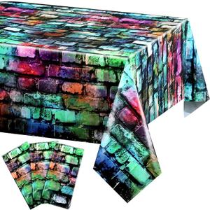 Tiamon Colorful Brick Tablecloth 54 x 108 Inches Plastic Retro Hip Hop Table Cloth 80s 90s Graffiti Brick Wall Backdrop Photo Background for Hip Hop Disco Party Decorations(3 Pcs)