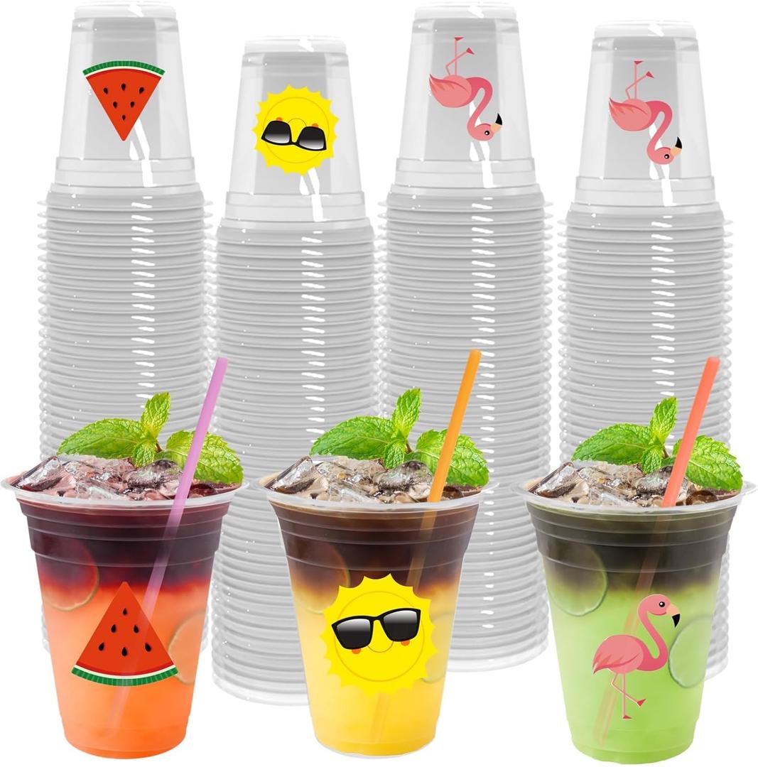 288 Pcs Summer Party Cups with Lids and Straws 12 oz Disposable Plastic Tropical Hawaiian Luau Clear Drinking Cups Watermelon Flamingo Sun Disposable Cups for Summer Beach Pool Party Supplies