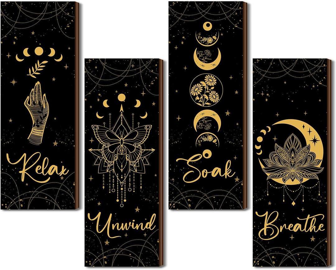 Qunclay 4 Pcs Rustic Boho Wall Decor Moon Phases Wall Art Witchy Room Decor Relax Soak Unwind Breathe Hanging Gothic Minimalist Pediments Farmhouse Moon Sign for Bathroom (black and gold)