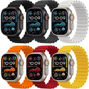 2 x 6 Pack Silicone Ocean Solo Loop Bands Compatible with Apple Watch Ultra 3/2/1 49mm 46mm 45mm 44mm 42mm, Soft Stretchy Sport Replacement Wristband for iWatch Series 11 10 9 8 7 6 5 4 3 SE (Black/Dark Gray/White/Orange/Red/Yellow)