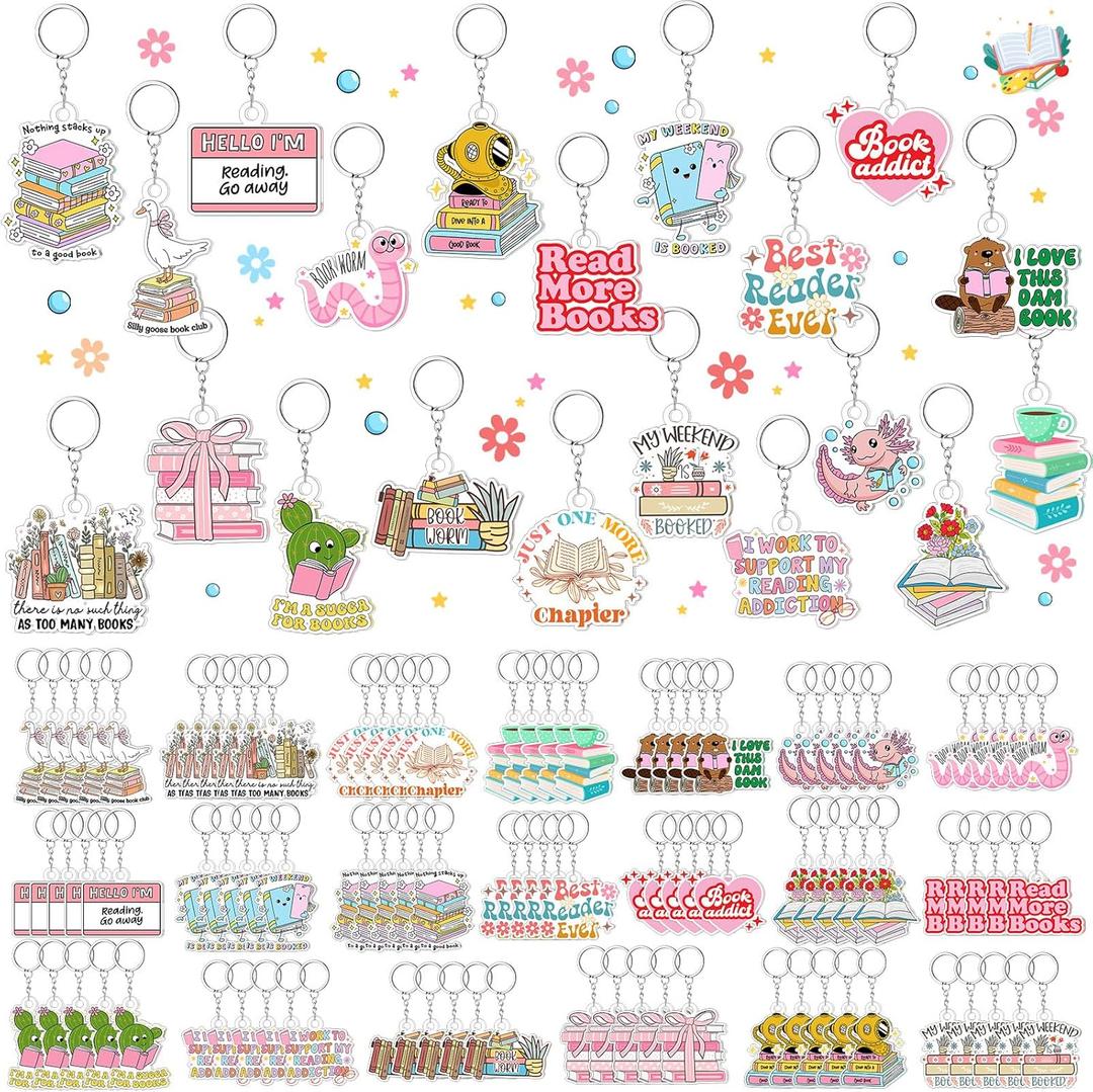 Equsion 100 Pcs Book Lover Keychains Bulk, Funny Acrylic Bookish Keychains Book Club Gifts, Cute Reading Keyrings for Readers Librarian Bookworm Group Teachers Student Rewards, Birthday Party Favor