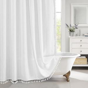 MitoVilla Boho Extra Long Shower Curtain 72 x 96, White Modern Farmhouse 96 inch XL Polyester Linen Texture Tassel Fabric Shower Curtain Set with Hooks for Cottagecore Country Bathroom Decor,White
