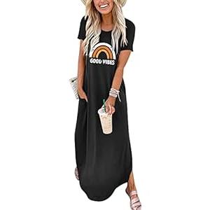 ANRABESS Women's Summer Casual Loose Short Sleeve Long T Shirt Dress Split Maxi Beach Sundress Travel Vacation Outfits Rainbow Black XX-Large