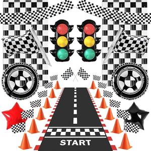 Letsroar Race Car Birthday Party Decorations - Race Car Party Decorations Include Racing Banner & Checkered Flags, Race Car Themed Foil Balloons & Fringe Curtains, Racetrack Floor Runner, Mini Cones