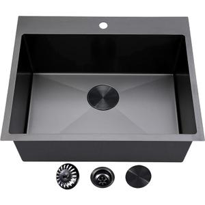 VCCUCINE 25 Inch Black Drop in Kitchen Sink,25x22 Inch Gunmetal Black Single Bowl Stainless Steel Basin Topmount Kitchen Sink,16 Gauge Metal Laundry Sink Black Small Kitchen Sink