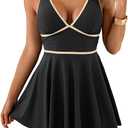 Women's One Piece Skirt Swimsuit Color Block Tummy Control Swim Dress V Neck Slimming Bathing Suit, Black Large