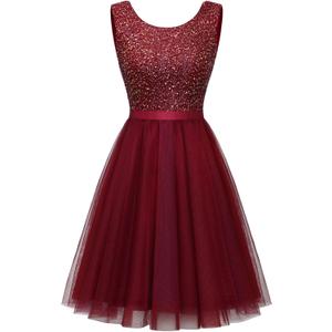BeryLove Women's Short Sequin Party Dress Sleeveless Boat Neck Prom Wedding Homecoming Dresses for Teens Cocktail Evening Dresses S002 Burgundy XL