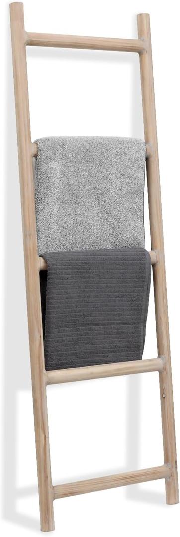 FUIN Fully Assembled 5ft Wood Blanket Ladder Living Room Decorative Wall Leaning Farmhouse Quilt Display Holder Rustic Wooden Towel Rack for Bathroom, Natural & Graywashed (57in)