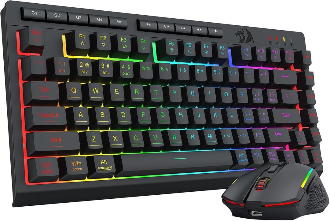 Redragon Wireless Gaming Keyboard and Mouse Combo, Bluetooth/2.4G/USB-C Wired, RGB Backlit, 75% Portable Quiet Rechargeable Macro Membrane Keyboard & 12800 DPI Mouse with Software for Win/MAC