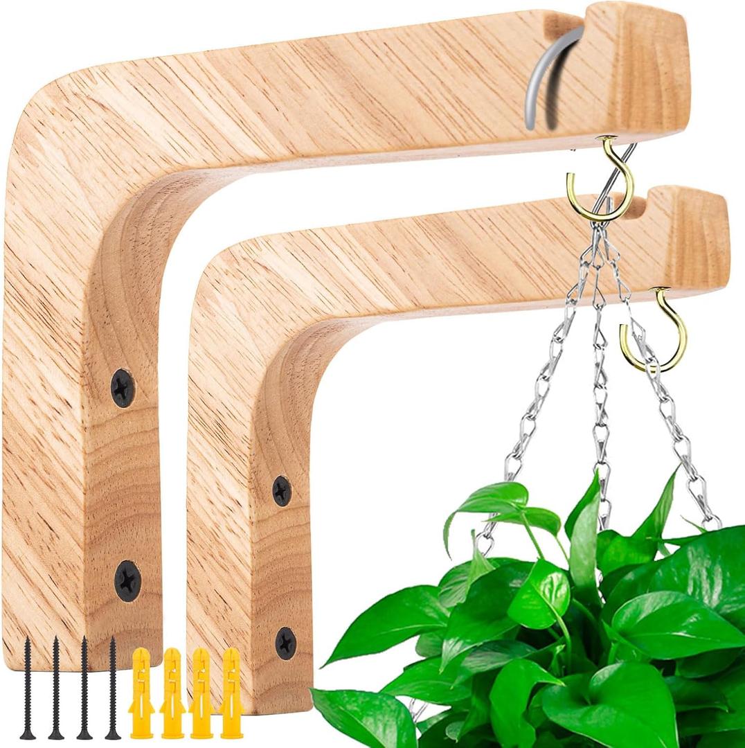 2 Pack Wooden Wall Hooks, Plant Hangers Indoor,6-Inch Wall Mounted Hanging Plant Hooks for Planters, Lanterns, Flower Bracket, Wind Chimes Burlywood Color