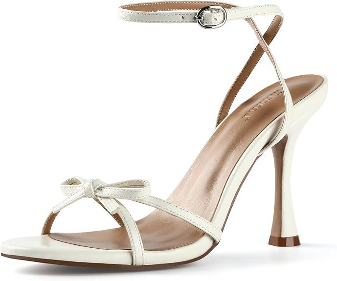 iiimmu Women's Bow Heels 4 IN Stiletto Heeled Sandals for Women Round Open Toe Sandals Elegant Summer Heels Soft PU Leather/Faux Suede 7