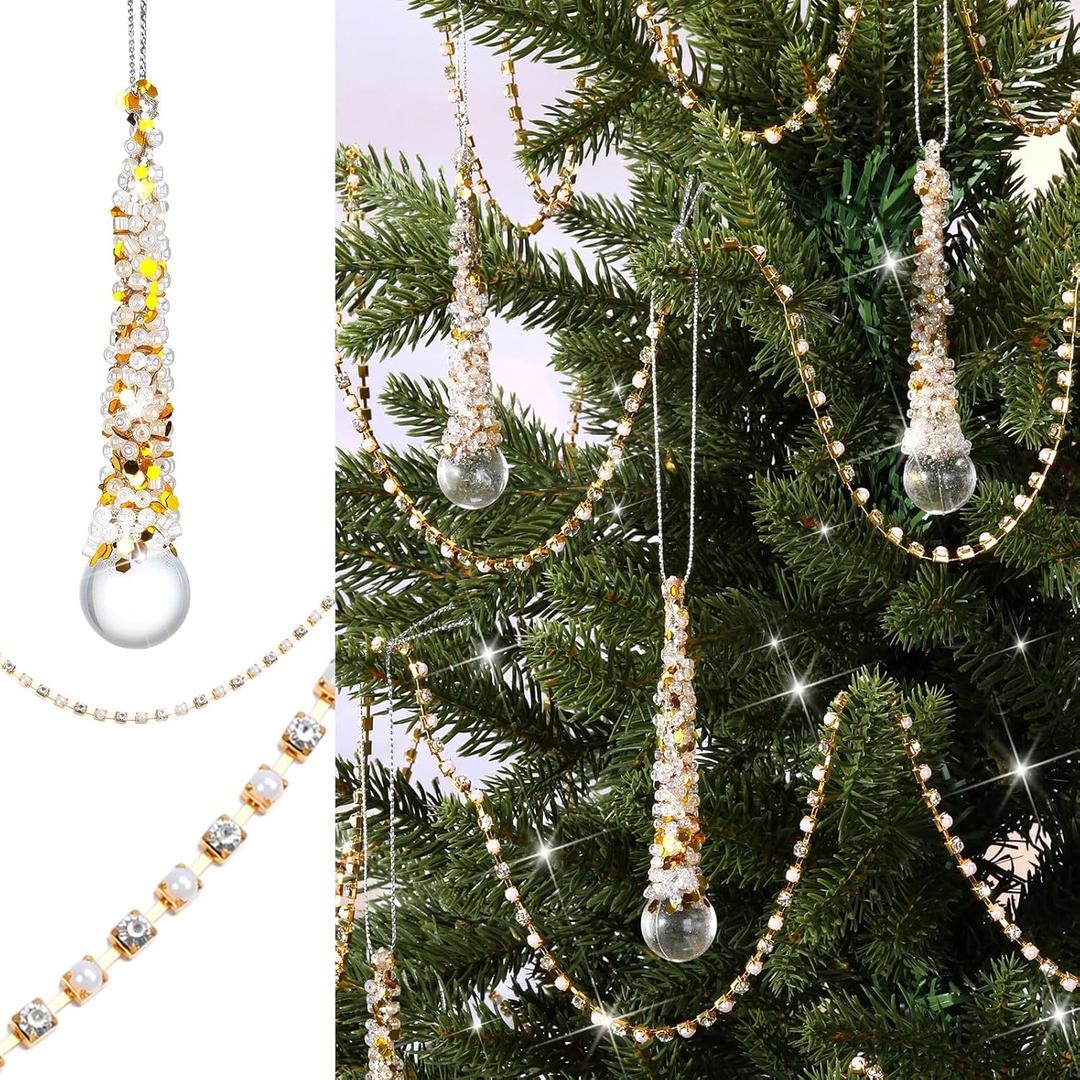 Soulchen 9pcs Crystal Icicle Christmas Tree Ornaments Crystal Gold Tree Garland Set 4 Inch Clear Raindrop Hanging Pendants 33 ft Gold Pearl Garland String for Christmas Wedding Party Decoration