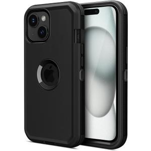 Jiunai for iPhone 15 Case, Heavy Duty Drop Protection Port Cover Screen less Dual Layer Shockproof Rugged Tough Bumper Dust Proof Phone Case Compatible with iPhone 15 6.1 inches 2023 Released - Black